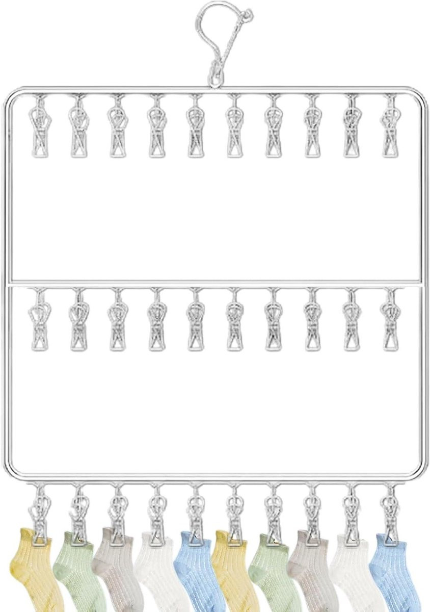 Sokkenhanger RVS met kledingrek clips voor het winddicht drogen van sokken, Breedte: 45 cm, Zilver