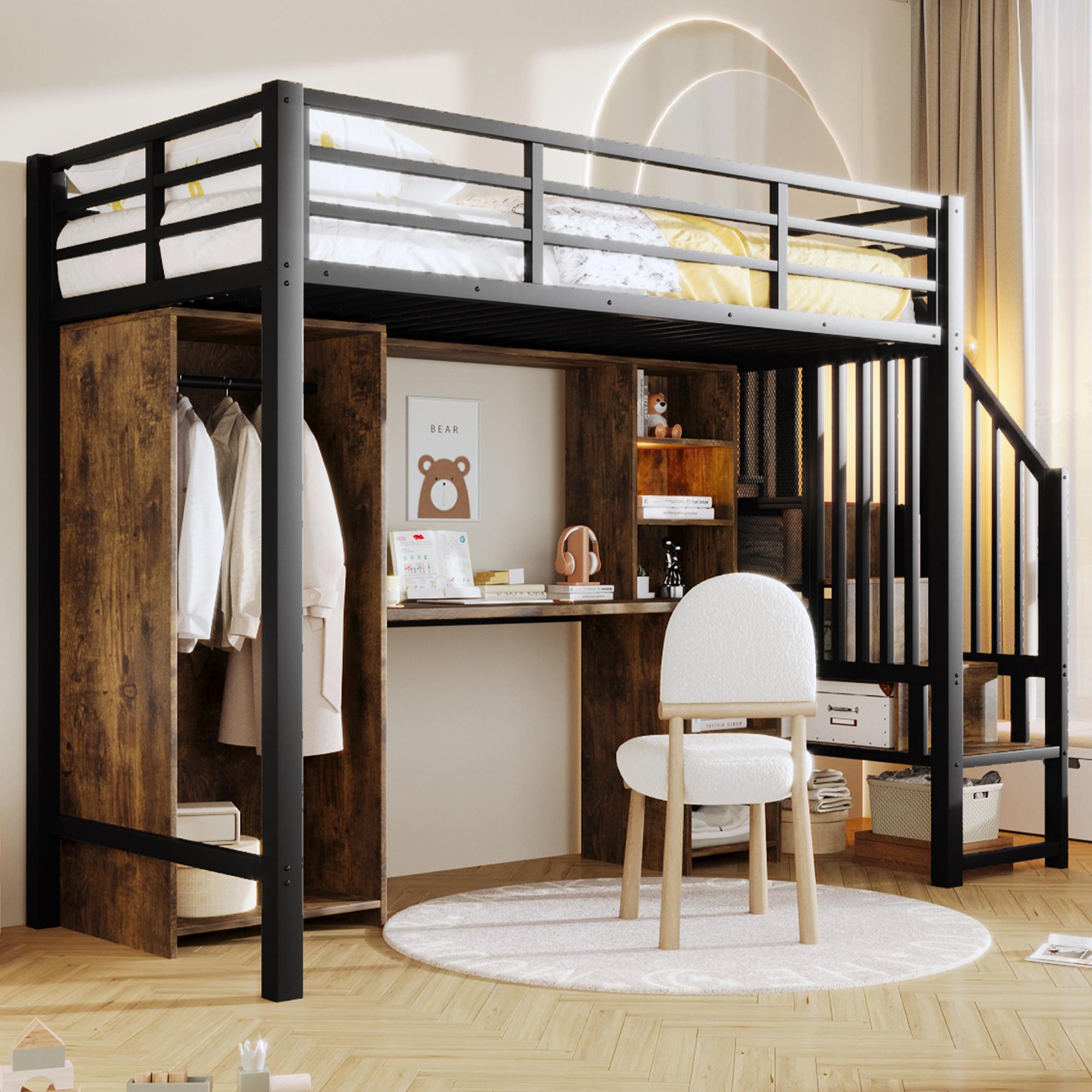 Merax Hochbett Etagenbett 90x200 cm, Kinderbett mit Kleiderschrank, Schreibtisch, Staufach, Stauraumtreppe, Metallbett, Stockbett, Jugendbett, Schwarz