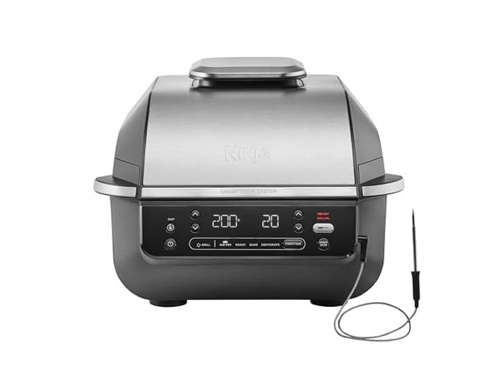 Ninja 5-in-1-Grill & -Heißluftfritteuse, 5,7 l, Schwarz/Silber Für den Innenraum, 5 Kochfunktionen, bis zu 4 Burger, raucharm, digitales Bratthermometer - EG351EU