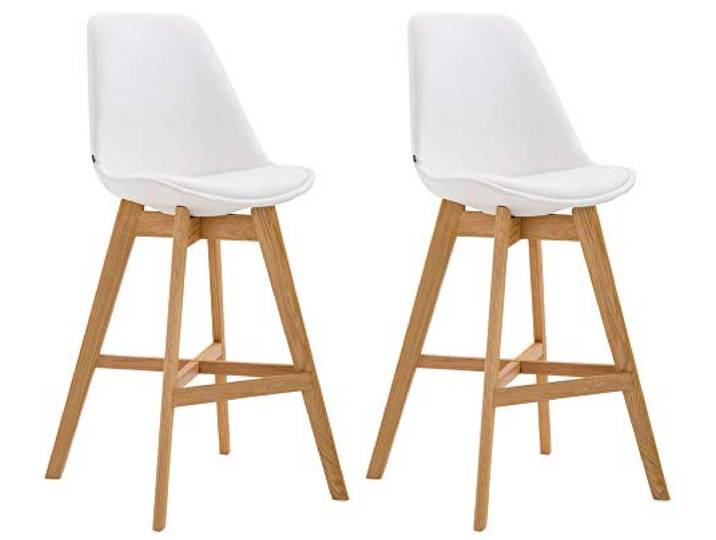 CLP 2er Set Barhocker Cannes Mit Hochwertiger Polsterung Und Kunstlederbezug I Thekenhocker Mit Eichenholzgestell I Tresenhocker Mit Fußstütze Farbe weiß Gestell Farbe Natur