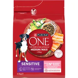 PURINA ONE Sensitive Medium/Maxi Trockenfutter für ausgewachsene Hunde mit Lachs und Reis 2,5kg