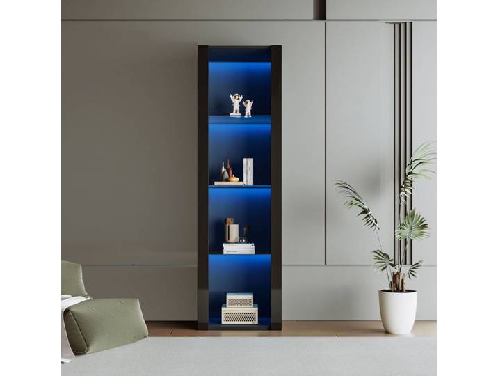 Vitrine 55x38x166cm - avec éclairage LED - 3 compartiments en verre - Noir