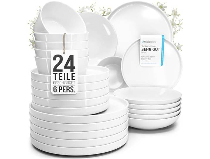 Porzellan Geschirrset 6 Personen Crystal 24 tlg. TESTSIEGER, Cooles klares Porzellan Geschirr Set, Schüssel- und Teller Set, Tafelservice 6 Personen, Geschirrsets Pure Living in weiß