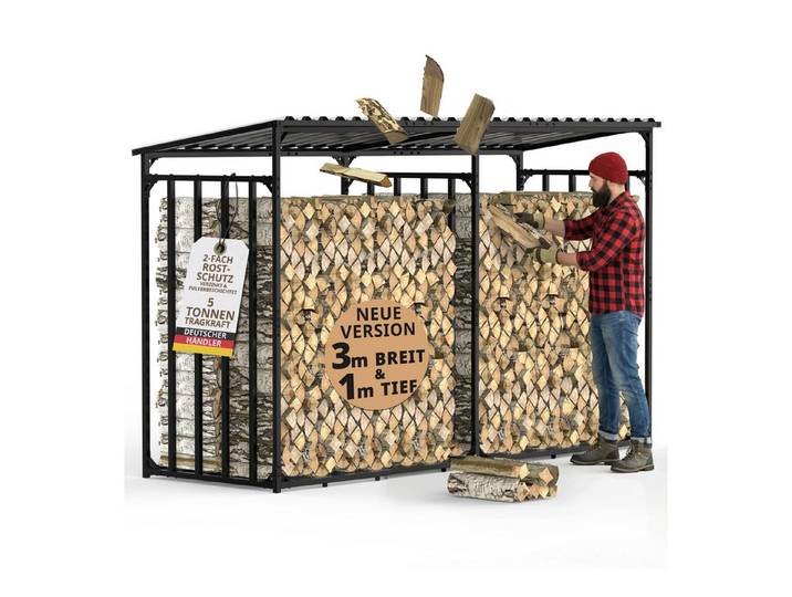 LAWA Living and Lifestyle Kaminholzregal außen mit Dach Metall Abdeckung 1m XXL Brennholz Unterstand Outdoor, BxTxH:300.00x105.00x185.00 cm, verzinkt, wetterfest, anthrazit