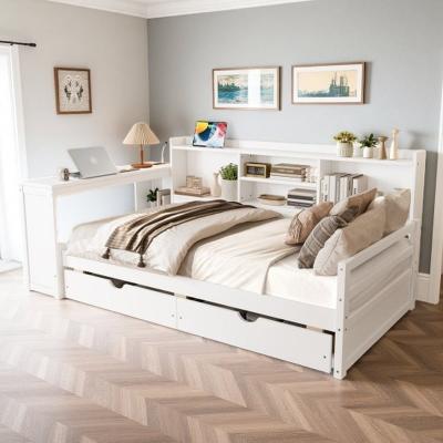 Twin Size L-Shaped Daybed with Storage Drawers,Built-In Desk,Charging Station & Bookcase Shelving