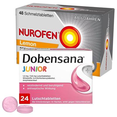 Nurofen 200 mg Schmelztabletten Lemon + Dobensana Junior Lutschtabletten Erdbeergeschmack 1 St Set
