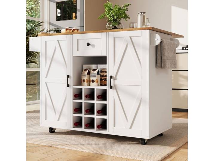 Îlot de cuisine moderne armoires buffet avec rangements étagère à snacks et armoire coulissante blanc