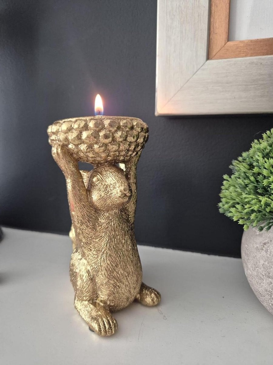 Eekhoorn Theelichthouder Goud - Hoogte: 12 cm