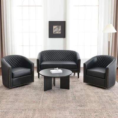 KINWELL 3-Piece PU Living Room Sets 1 Loveseat 2 Swivel Chairs