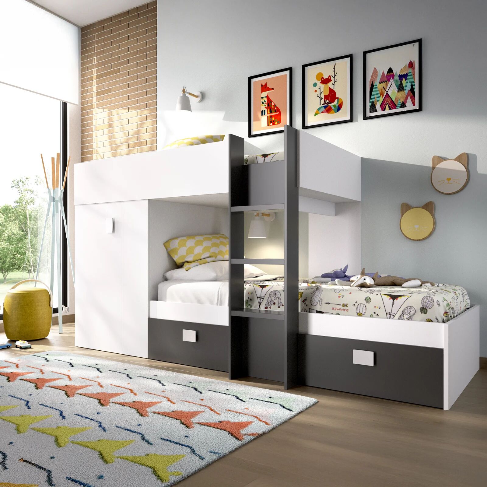 garneroarredamenti Letto a castello per bambini con armadio 271x111cm nero bianco Pooh