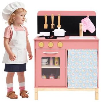 Costway Play Kitchen for Kids Wooden Kitchen Playset with Door Curtain-Pink