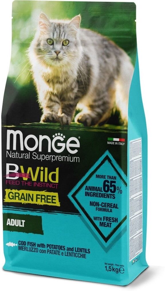 Monge BWild Grain Free Formula Adult Merluzzo con Patate e Lenticchie 1,5 kg Crocchette per Gatti Adulti