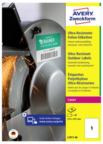 Avery-Zweckform L7917-40 Folien-Etiketten 210 x 297 mm Polyethylenfolie Weiß 40 St. Permanent haftend Farblaserdrucker, Laserdrucker, Farbkopierer
