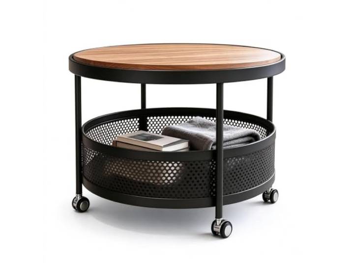 Runder Couchtisch mit Rollen, Ablagefach aus Netzstoff Zweistufiger runder Couchtisch mit Rollen, moderner minimalistischer Sofatisch for den Wohnraum in der Wohnung