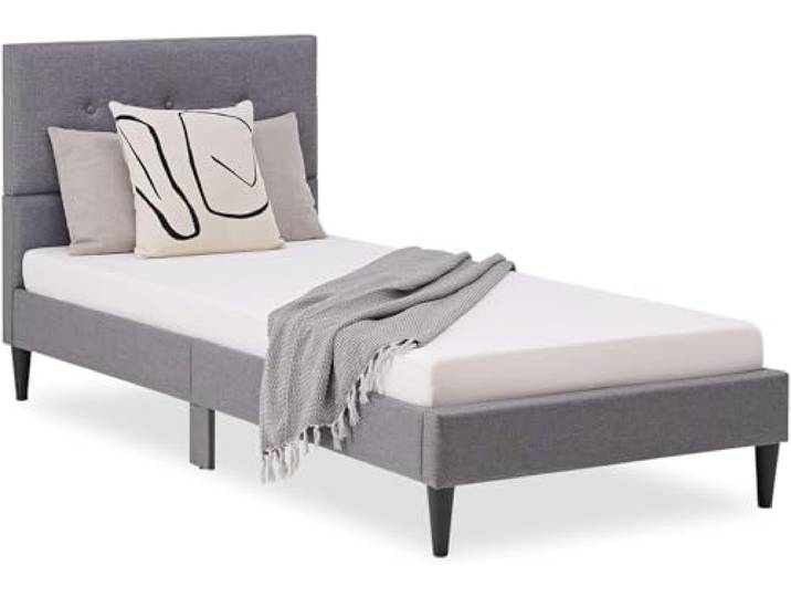Homestyle4u Polsterbett 90x200 cm Grau - Einzelbett mit Lattenrost Gepolstertes Bettgestell mit gestepptem Kopfteil, Stauraum & Webstoffbezug
