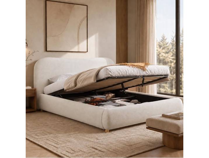 ULEVR Lit double 180 x 200 cm bouclé blanc coffre hydraulique sommier à lattes et tête rembourrée