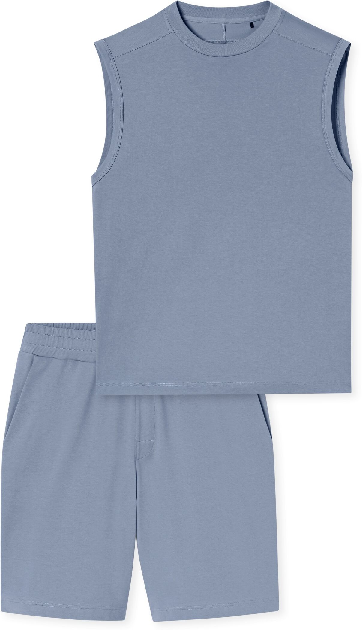 Shorty SCHIESSER "Modern Nightwear", Herren, Gr. 52, blau (808, blau), Single Jersey, Obermaterial: 73% Baumwolle, 27% Polyester, bequem kurz, Rundhals, Homewear-Sets Shorty, mit Rundhalsausschnitt und ärmellos, leichter Oversize-Fit 808, blau 52