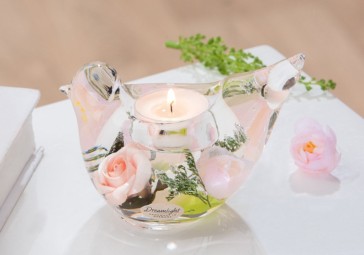 Rawa Geschenken Waxinelichthouder Vogel Zalm – Glas met Zalm Bloemen – B/D/H: 5 x 13 x 7 cm