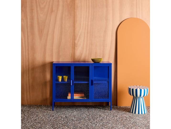 Buffet industriel métal et verre trempé 3 portes 100cm bleu