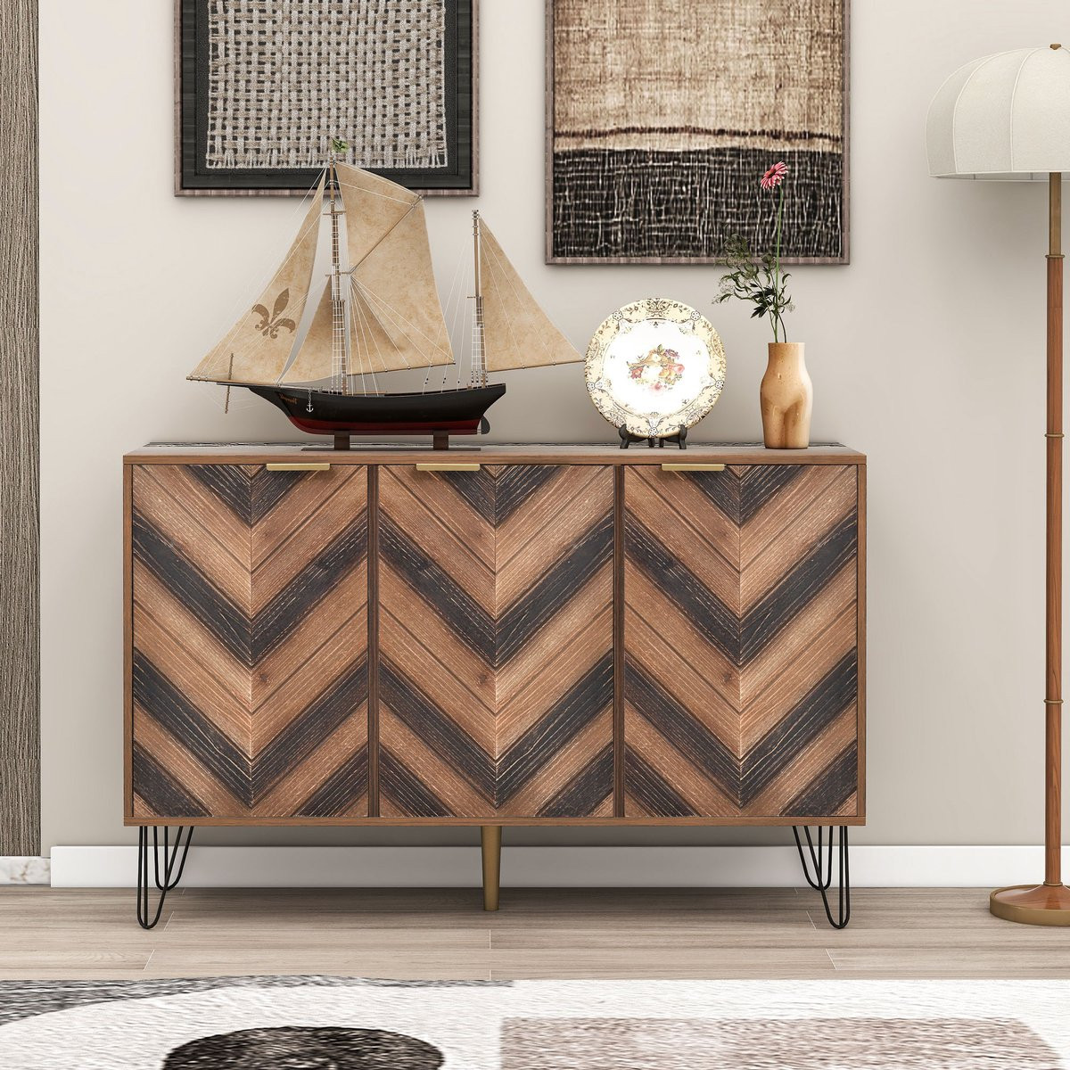 MODFU Sideboard met drie deuren, massief houtfineer en gouden handgrepen