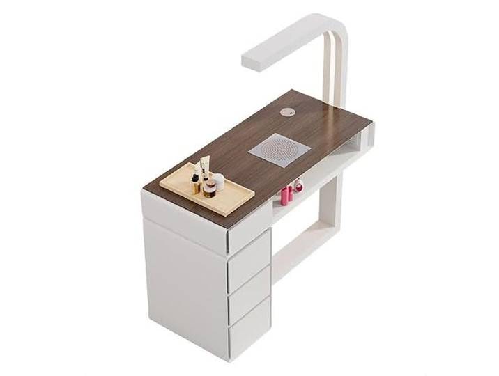 Dalumian Moderner Manikürtisch, zweistöckiger Nagelstudiotisch aus Holz Schmutzfänger & LED-Beleuchtung, Schminktisch mit 4 Schubladen für Kosmetikstudios und Spas(White,80cm)