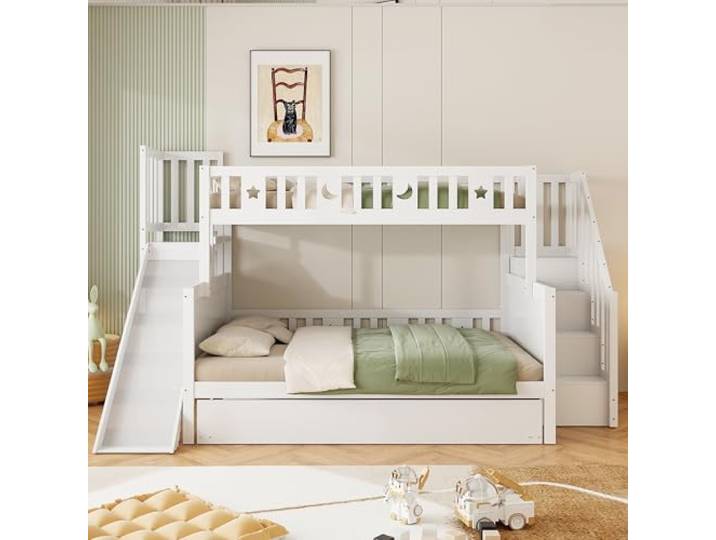 Moimhear 90x200cm+140x200cm, Massivholz-Etagenbett mit Rutsche und Regal mit Sicherheitsstufen, Rollbett und Lattenrost, weiß, Ohne Matratze (Weiß, mit Ausziehbett)