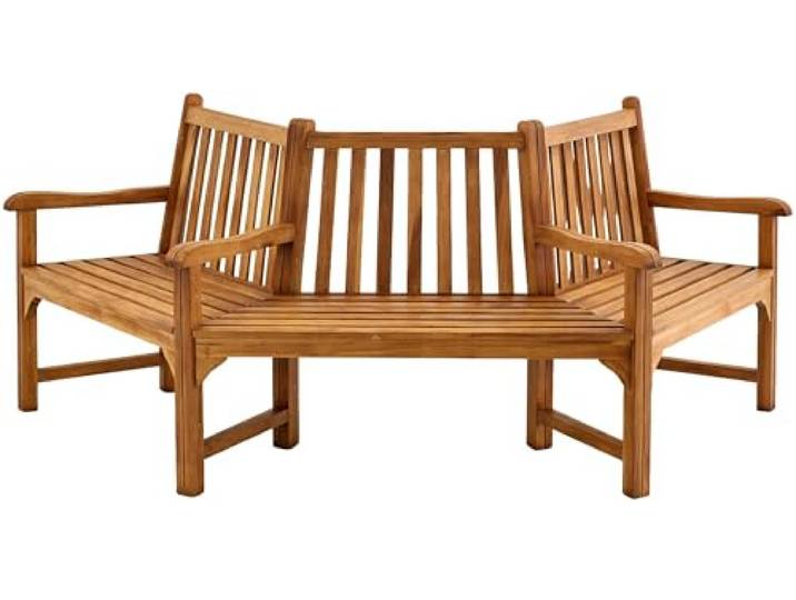 CLP Baumbank aus Teakholz halbrund Kenna, wetterfeste Gartenbank 180 Grad mit Armlehnen und Rückenlehne, Teakbank massiv für Bäume Größe 250 cm