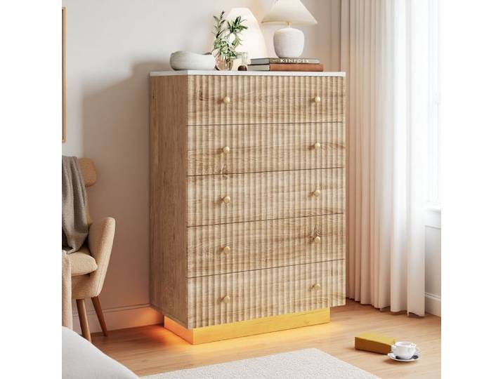 Commode Moderne 5 Tiroirs en Bois Chêne Naturel Meuble de Rangement avec Éclairage LED Tricolore Anti-Basculement
