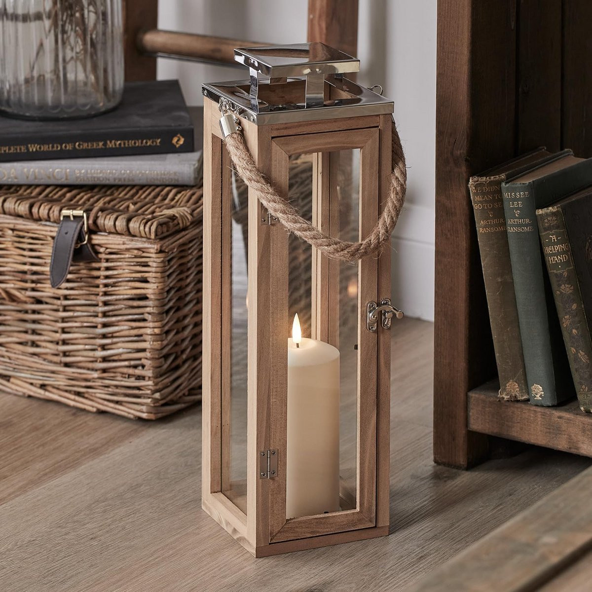 Grote Houten Lantaarn met TruGlow LED Kaars en Timer