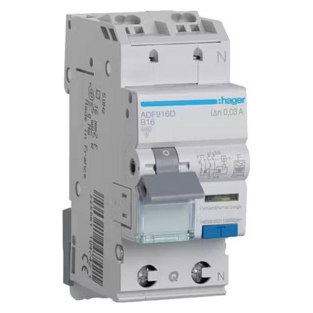 Hager FI-LS 1P+N 6kA B-16A 30mA Typ F QC (ADF916D)