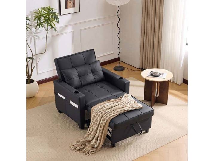 Canapé‑lit - YEHTOKHOME - Canapé‑lit simple extensible trois en un - Noir - Port USB & porte‑gobelet - Inclinable 3 positions