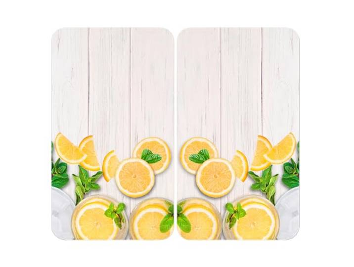 WENKO Herdabdeckplatte Universal Mod. Zitronen, höhenverstellbar für alle Herdarten, Schneidebrett und Spritzschutz, Glas, 30 x 52 cm, 2-teilig
