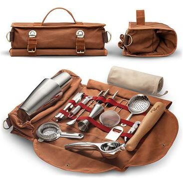 Multisell Products Hub Travel Bar Tool Kit With Cocktail Set, Travel Bartender Kit, Portable Bar Roll With Shoulder Strap And Accessories1 brown