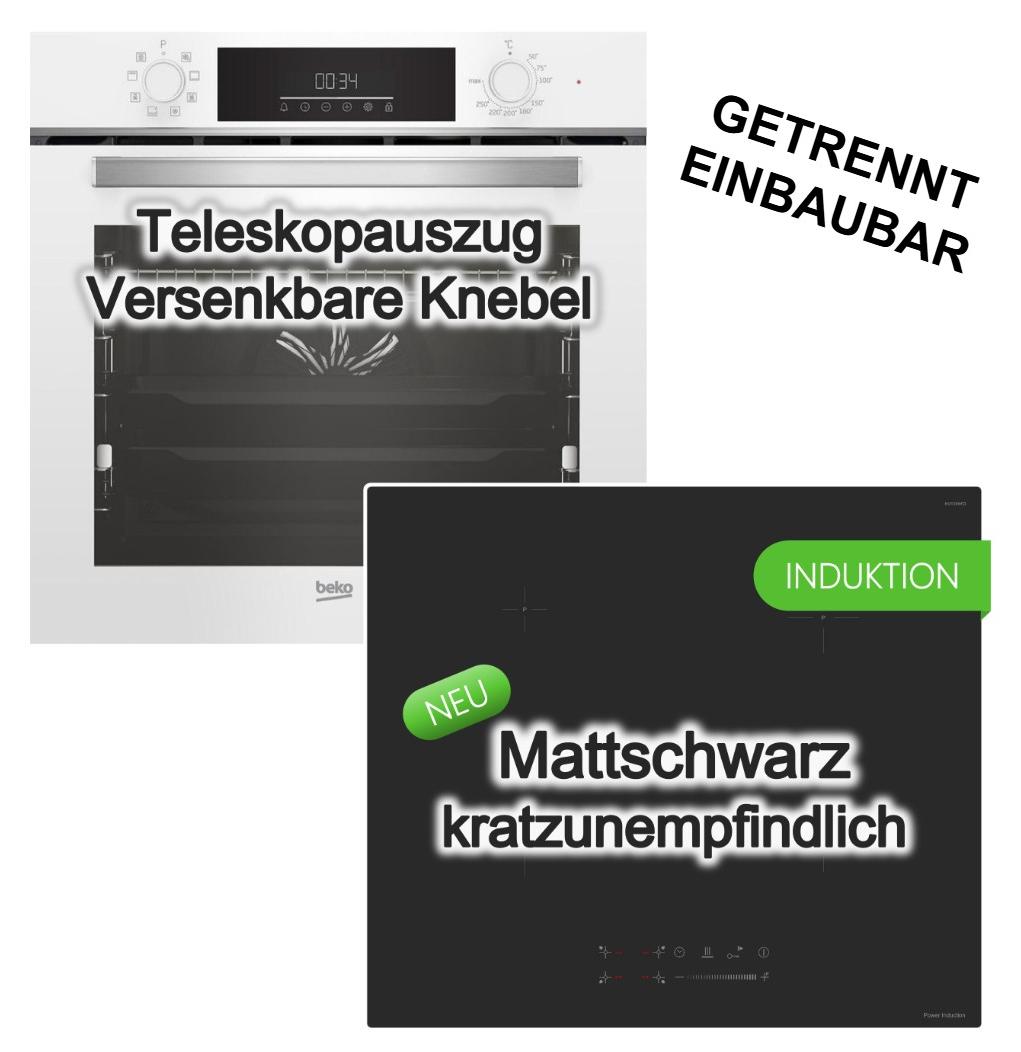 HERDSET Beko Backofen Teleskopauszug SteamShine weiß + keenberk schwarzmattes Induktionskochfeld Booster Touch-Slider