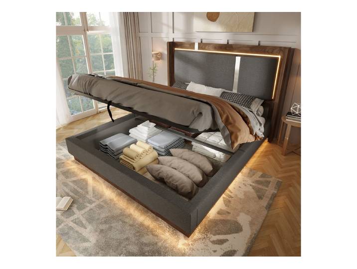 Flieks Polsterbett, Hydraulisches Stauraumbett 140x190cm mit Lattenrost & LED-Beleuchtung