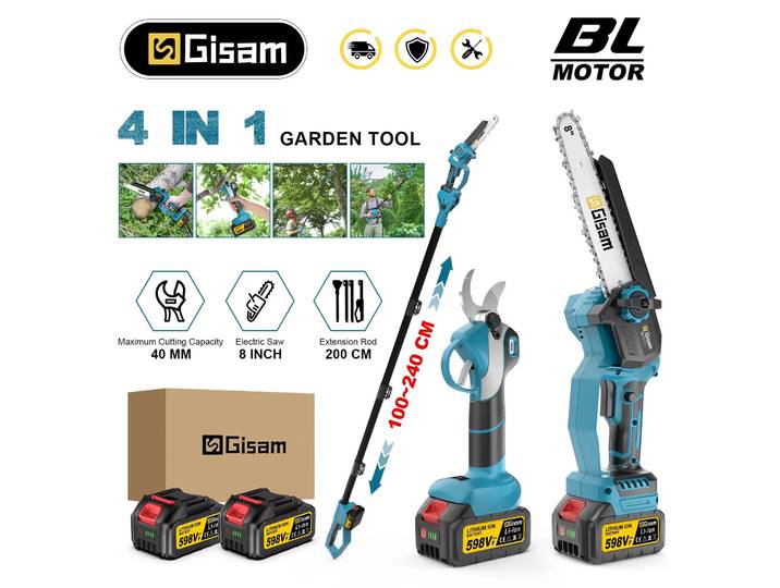 Scie à chaîne électrique télescopique sans balais Gisam 4 en 1, cisaille pour branches hautes, outil de jardinage électrique pour batteries Makita 18V