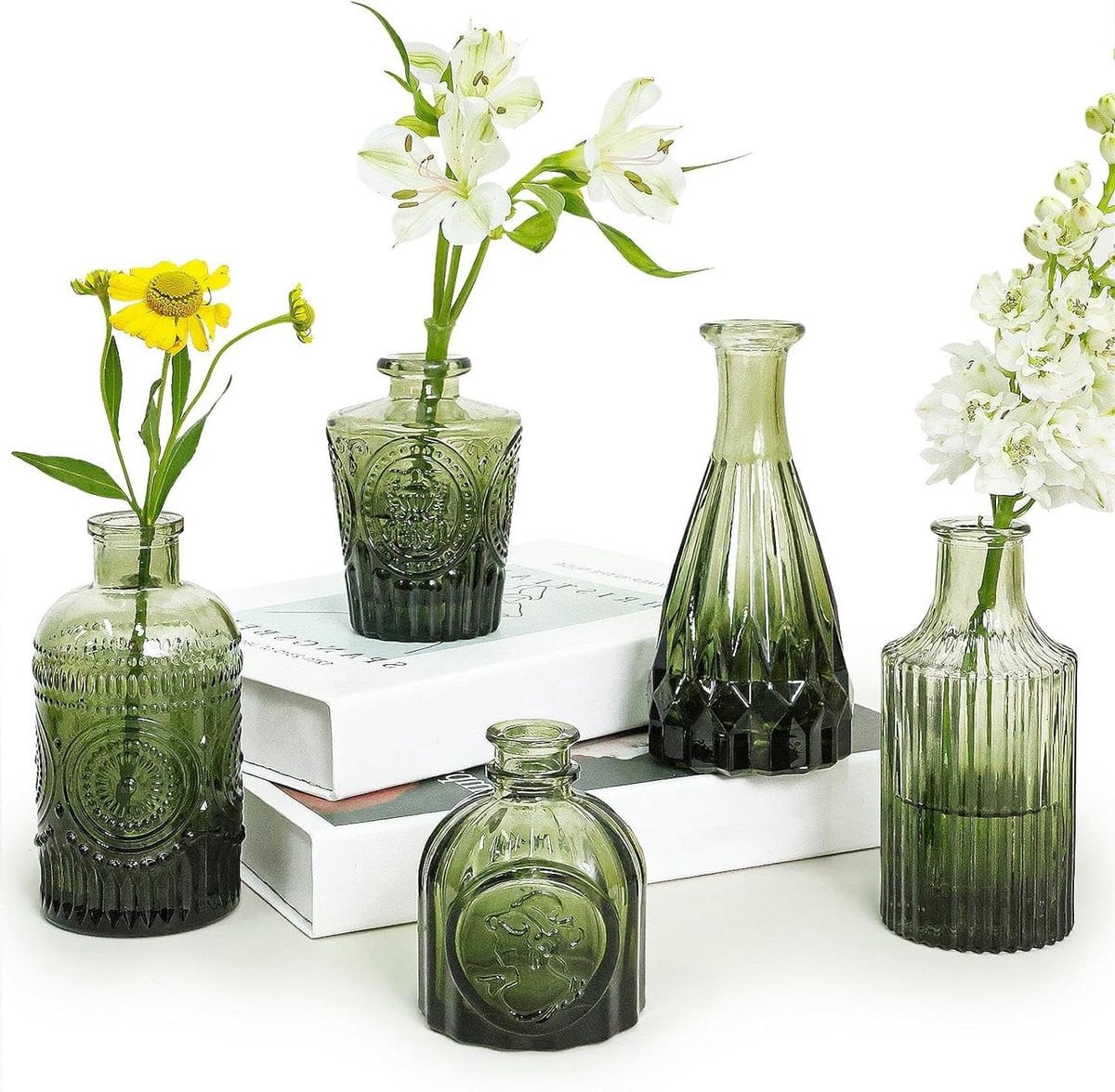 Set van 5 glazen vazen in vintage stijl, groen