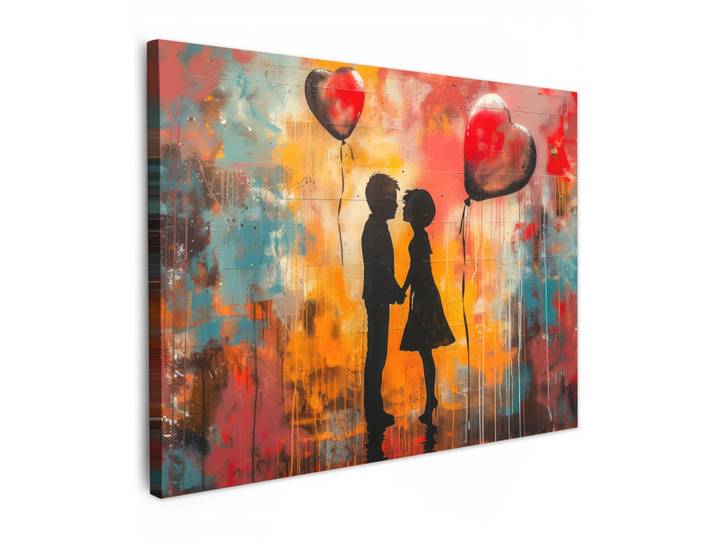 MuchoWow Leinwandbild - Straßenkunst - Liebe - Graffiti - Kunst - Banksy - 80x60 - Malerei, Orange, Textil, Kiefer, Abstrakt, Rechteckig, 80x60 cm, gerahmt, Bilder & Rahmen, Bilder, Wandbilder
