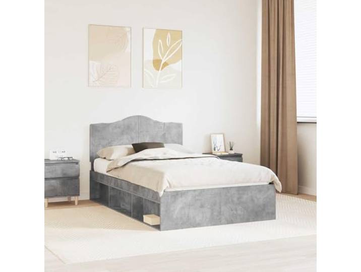 RJPLMFV Bettgestell, Grau, Beton, 135 x 190 cm, massives Kiefernholz Kopfteil aus massivem Kiefernholz, feste Latten inklusive, nachhaltiges technisches Holz, minimalistisches modernes Design