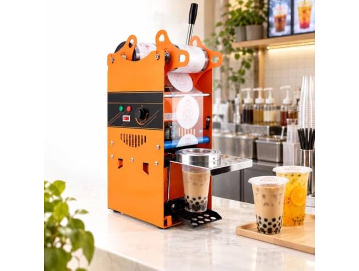 Elektrischer Bubble Tea Sealer, 90/95 Mm Tassen Tassenverschließmaschine 300 Tassen/h, Edelstahl, For Milchtee- Und Kaffeehäuser(Orange)