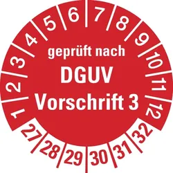 Prüfplakette ab 27, geprüft nach DGUV Vorschrift 3, rot/weiß - Spenderbox à 500 Stück - 30 mm Folie selbstklebend