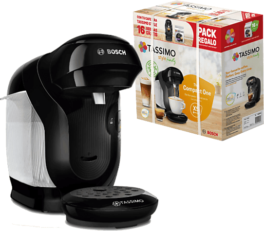 Cafetera de cápsulas - Bosch Tassimo Style TAS112EC, 3.3 bar, 0.7 l, 1.400 W, Intellibrew, Tamaño Compacto, Pack Café Regalo, Negro