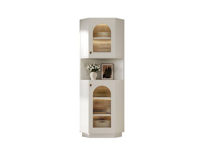 REDOM Vitrine Eckschrank mit dekorativer Innenbeleuchtung (Packung, 1-St., 45x166,5x45 cm in Weiß, 5 Fächer & 1 offenes Fach) Mit modellierter Glastür für eine ansprechende Präsentation im Raum