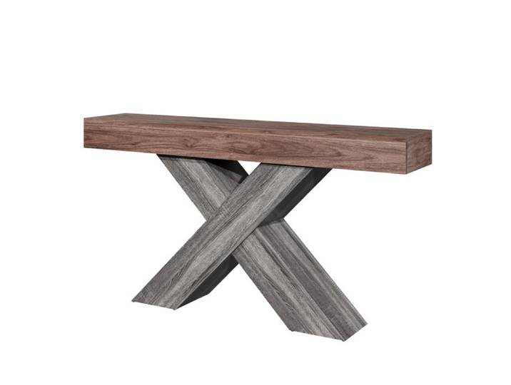 Pieds en forme de X table d'appoint étroite finition grain de bois convient aux couloirs et aux salons.