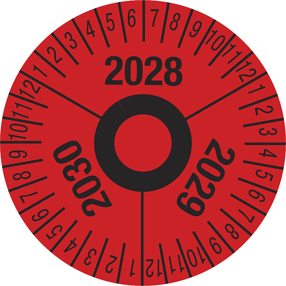 kaiserkraft Prüfplakette, Mehrjahreszahlen, rot, Folie, Ø 40 mm, VE 10 Stk, 2028 - 2030