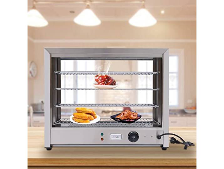 Profi Gastro Heiße Theke Warmhaltevitrine Edelstahl Speisenwärmer 4 Etagen Aufsatzvitrine Kommerzieller Food Vitrine mit Beleuchtung und gehärtetes Glas, 30-85 °C stufenlos einstellbar, 64x34x53cm