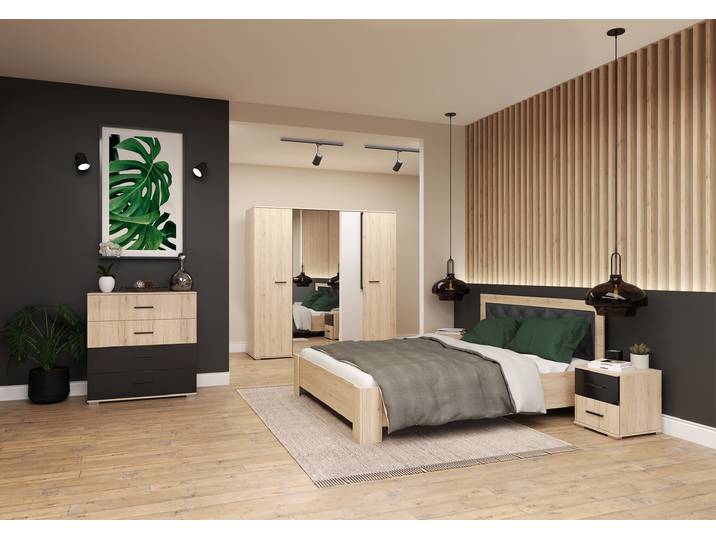 Schlafzimmer Komplett – Set BARI I (5-teilig) San Remo Sand San Remo Sand + Schwarz Semigloss