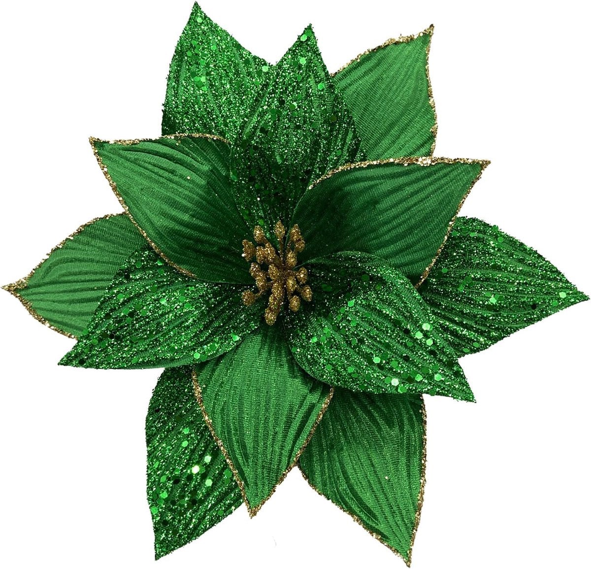 Set van 6 grote glitter kerstbloemen van fluweel, groen, 29,2 cm