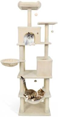 Costway 80 Inches Tall Cat Tree with 2 Large Condos and Dangling Toys-Beige