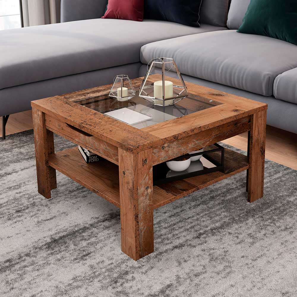 Pharao24.de Couchtisch Sofatisch mit Glasplatte und einer Schublade